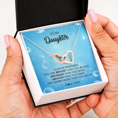 Interlocking Hearts Necklace | Personalized To My Daughter Necklace From Mom Dad Always Remember You Are Braver Daughter Jewelry Birthday Graduation Christmas Customized Message Card | teecentury