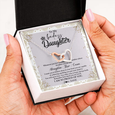 Interlocking Hearts Necklace | Personalized To My Daughter Necklace From Mom Dad Straighten Your Crown Daughter Birthday Christmas Graduation Jewelry Customized Gift Box Message Card | teecentury