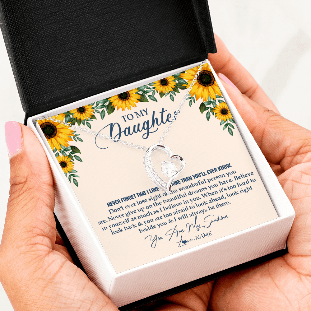 Forever Love Necklace | Personalized To My Daughter Necklace From Mom Dad Sunflower You Are My Sunshine Daughter Jewelry Graduation Birthday Christmas Customized Gift Box Message Card | teecentury