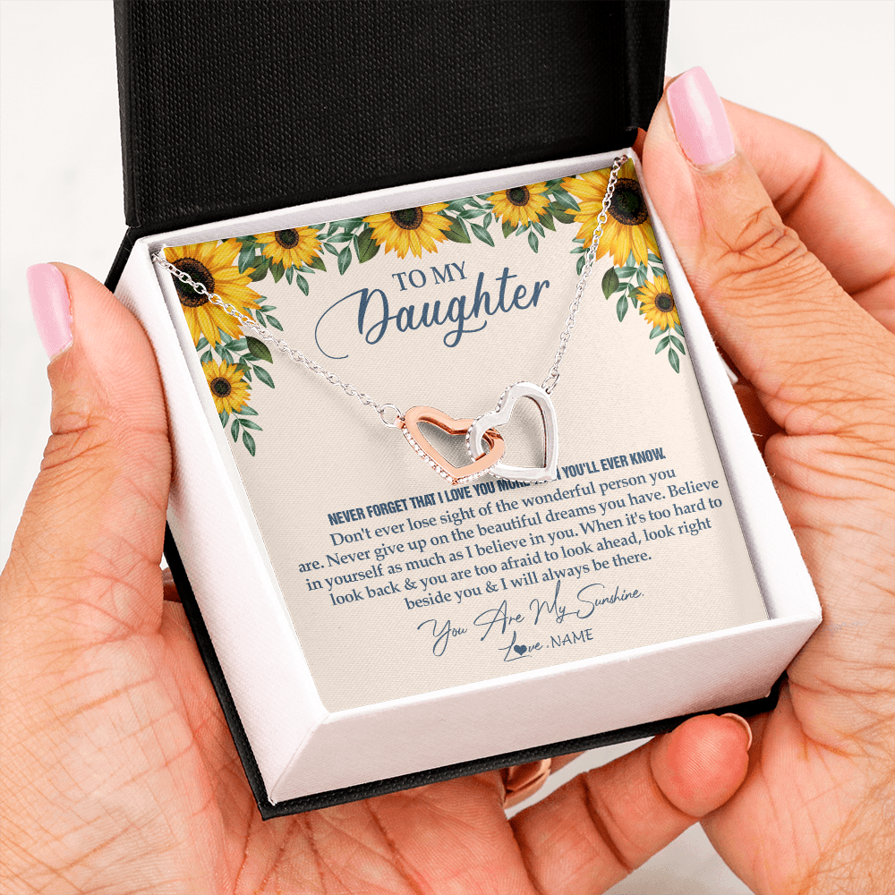 Interlocking Hearts Necklace | Personalized To My Daughter Necklace From Mom Dad Sunflower You Are My Sunshine Daughter Jewelry Graduation Birthday Christmas Customized Gift Box Message Card | teecentury
