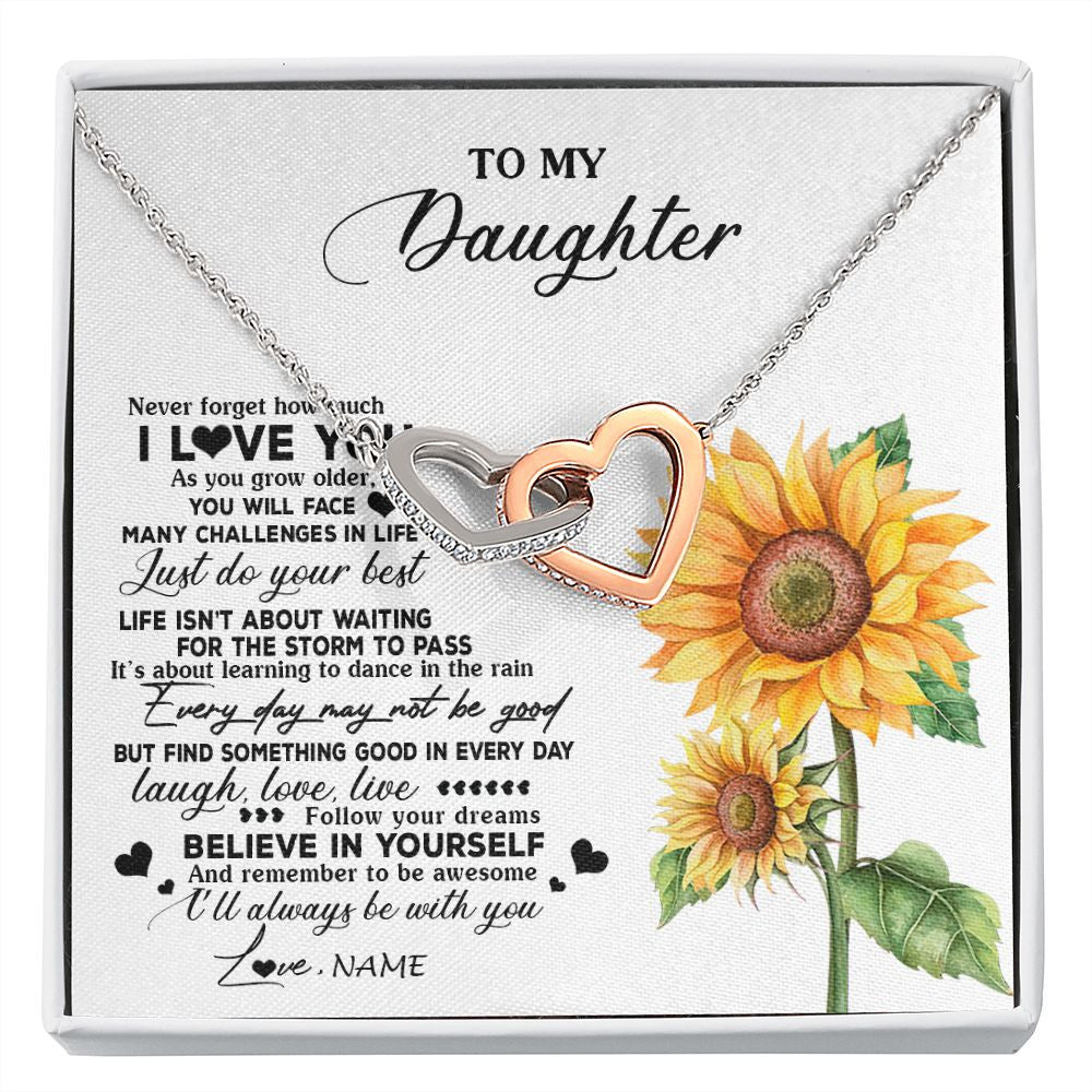 Interlocking Hearts Necklace | Personalized To My Daughter Necklace From Mom Mother Sunflower Wood Laugh Love Live Daughter Birthday Graduation Christmas Customized Gift Box Message Card | teecentury