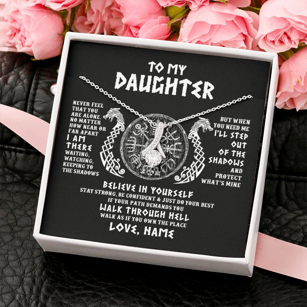 Alluring Beauty Necklace | Personalized To My Daughter Necklace Viking Never Feel You Are Alone Odin Scandinavian Norse Runes Daughter Birthday Christmas Customized Gift Box Message Card | teecentury