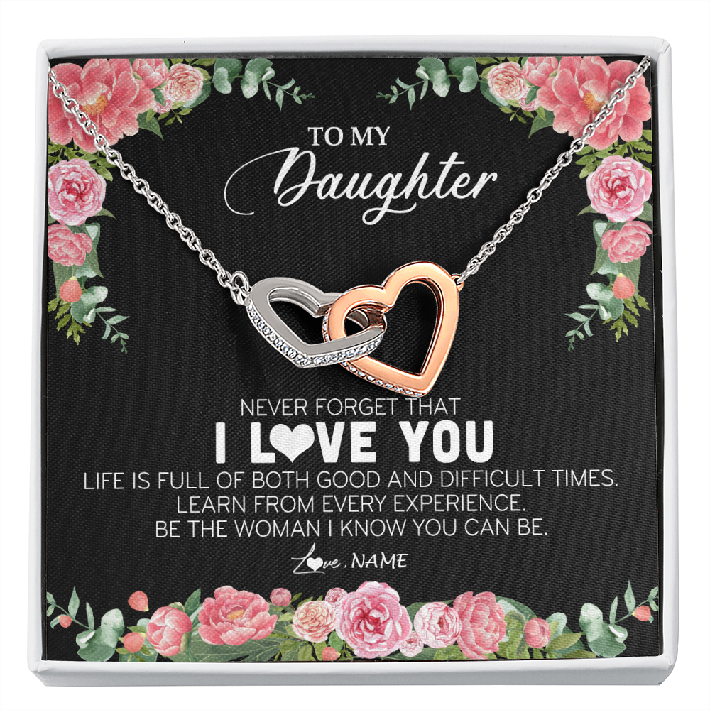 Interlocking Hearts Necklace | Personalized To My Daughter Necklace from Dad Father Never Forget I Love You Floral Jewelry for Daughter Birthday Graduation Christmas Customized Message Card | teecentury