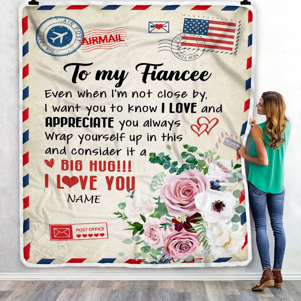 Personalized To My Fiancee Blanket Floral Air Mail Letter I Love You Fiancee For Her Birthday Anniversary Valentines Day Christmas Fleece Throw Blanket | teecentury