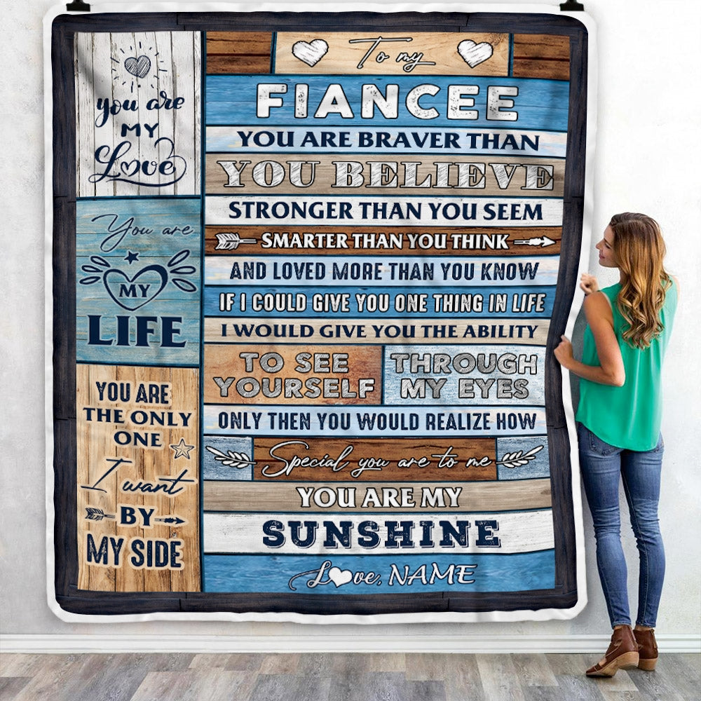 Personalized To My Fiancee Blanket From Fiance Wood You Are My Sunshine I Love You Fiancee Anniversary Valentines Day Wedding Christmas Fleece Throw Blanket | teecentury
