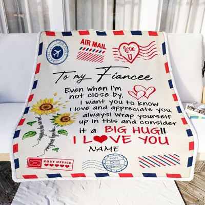 Personalized To My Fiancee Blanket Love Big Hug Air Mail Letter Sunflower Fiancee For Her Birthday Anniversary Valentines Day Christmas Fleece Throw Blanket Blanket | Teecentury.com