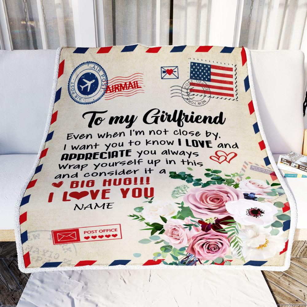 Personalized To My Girlfriend Blanket Floral Air Mail Letter I Love You Girlfriend For Her Birthday Valentines Day Christmas Fleece Throw Blanket | teecentury