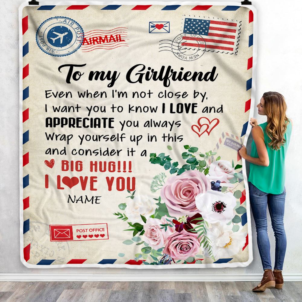 Personalized To My Girlfriend Blanket Floral Air Mail Letter I Love You Girlfriend For Her Birthday Valentines Day Christmas Fleece Throw Blanket | teecentury