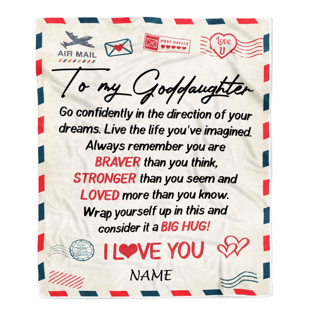 Personalized To My Goddaughter Blanket From Godmother Aunt Air Mail Letter Confidently I Love You Godchild Birthday Christmas Customized Bed Fleece Blanket | teecentury
