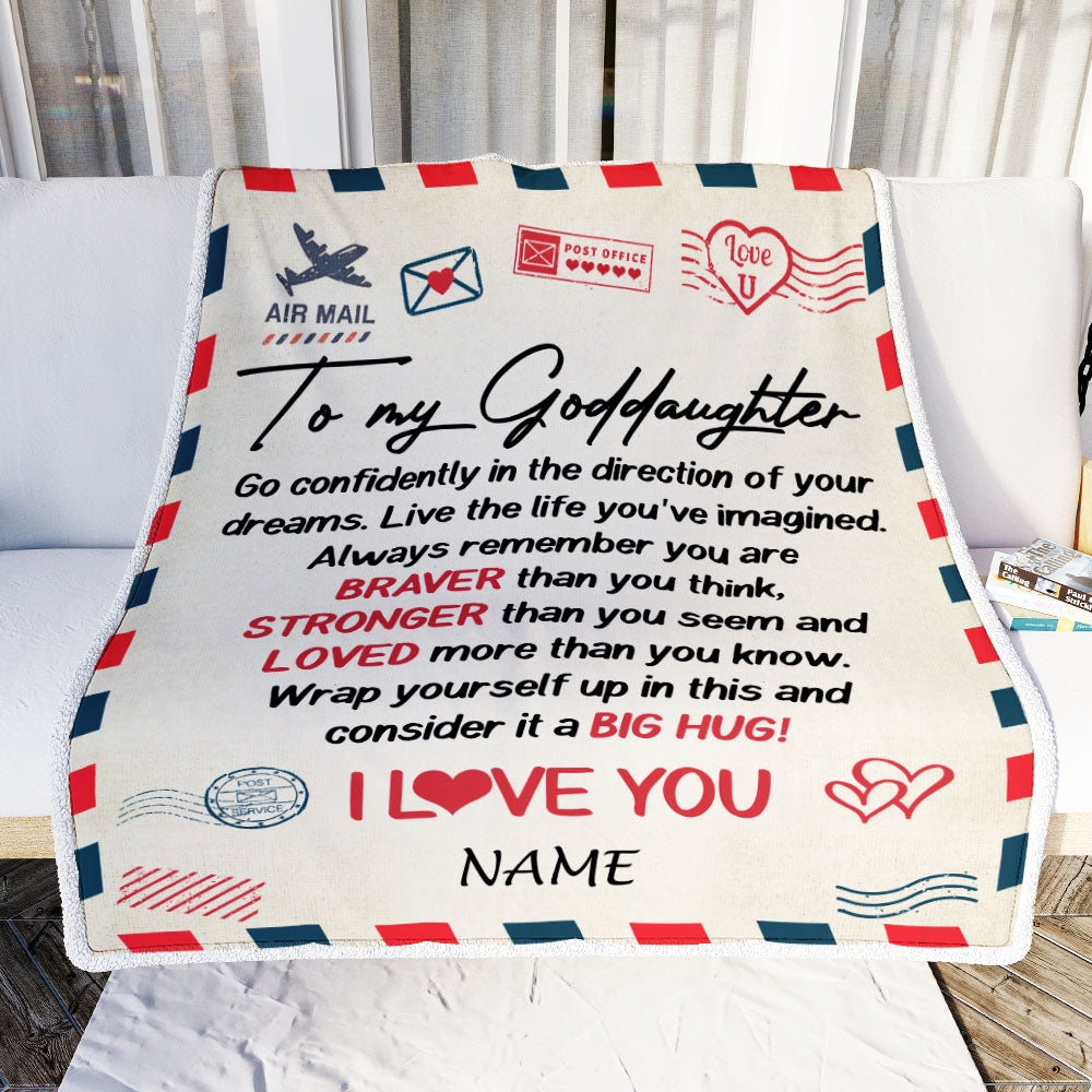 Personalized To My Goddaughter Blanket From Godmother Aunt Air Mail Letter Confidently I Love You Godchild Birthday Christmas Customized Bed Fleece Blanket | teecentury