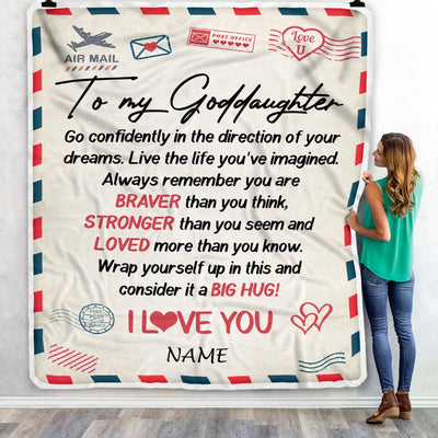 Personalized To My Goddaughter Blanket From Godmother Aunt Air Mail Letter Confidently I Love You Godchild Birthday Christmas Customized Bed Fleece Blanket | teecentury