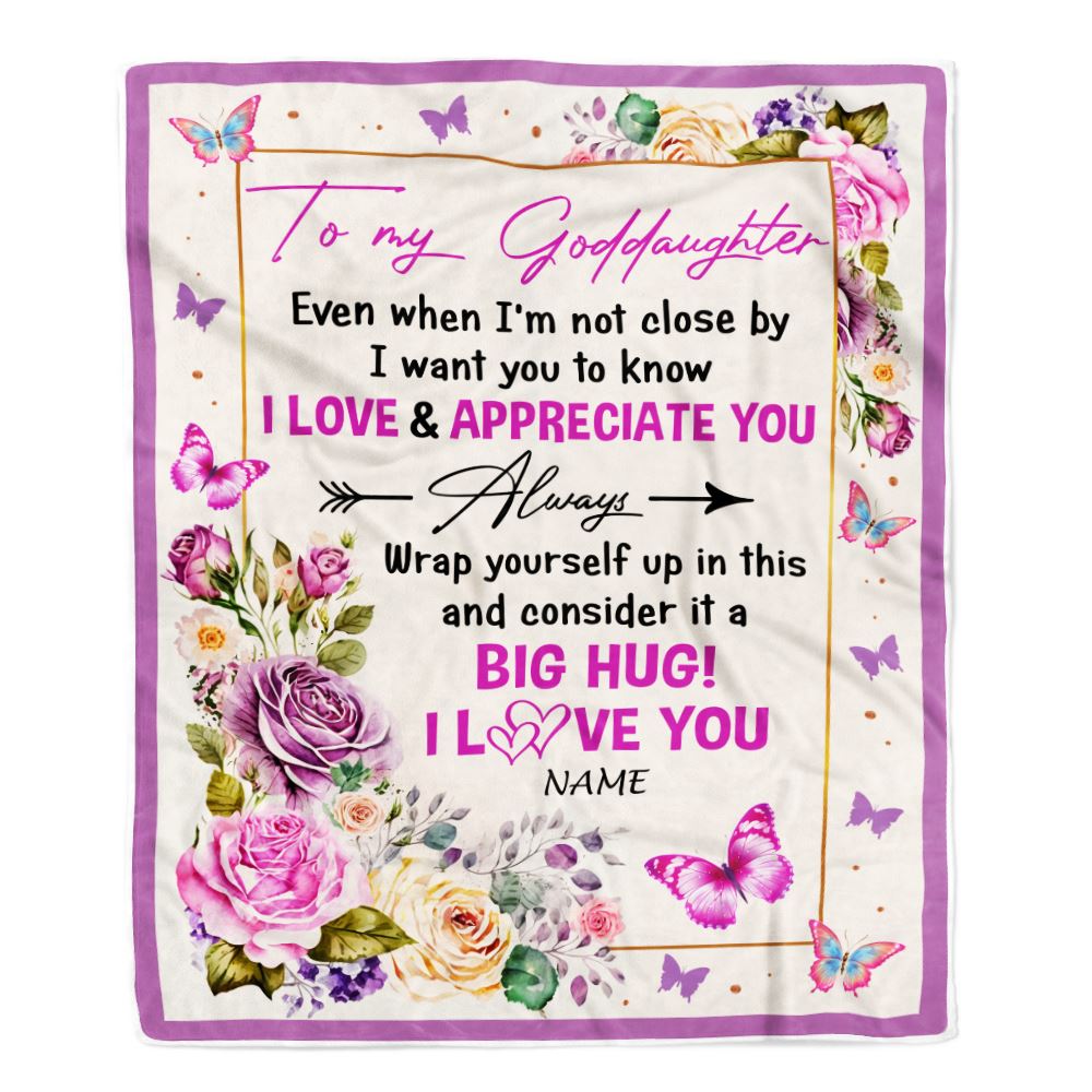 Personalized To My Goddaughter Blanket From Godmother It A Big Hug Butterfly Rose Goddaughter Birthday Thanksgiving Christmas Customized Fleece Throw Blanket | teecentury