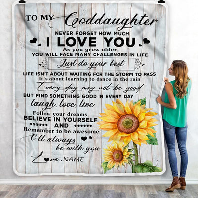 Personalized To My Goddaughter Blanket From Godmother Sunflower Wood Laugh Love Live Goddaughter Birthday Christmas Customized Bed Quilt Fleece Throw Blanket | teecentury
