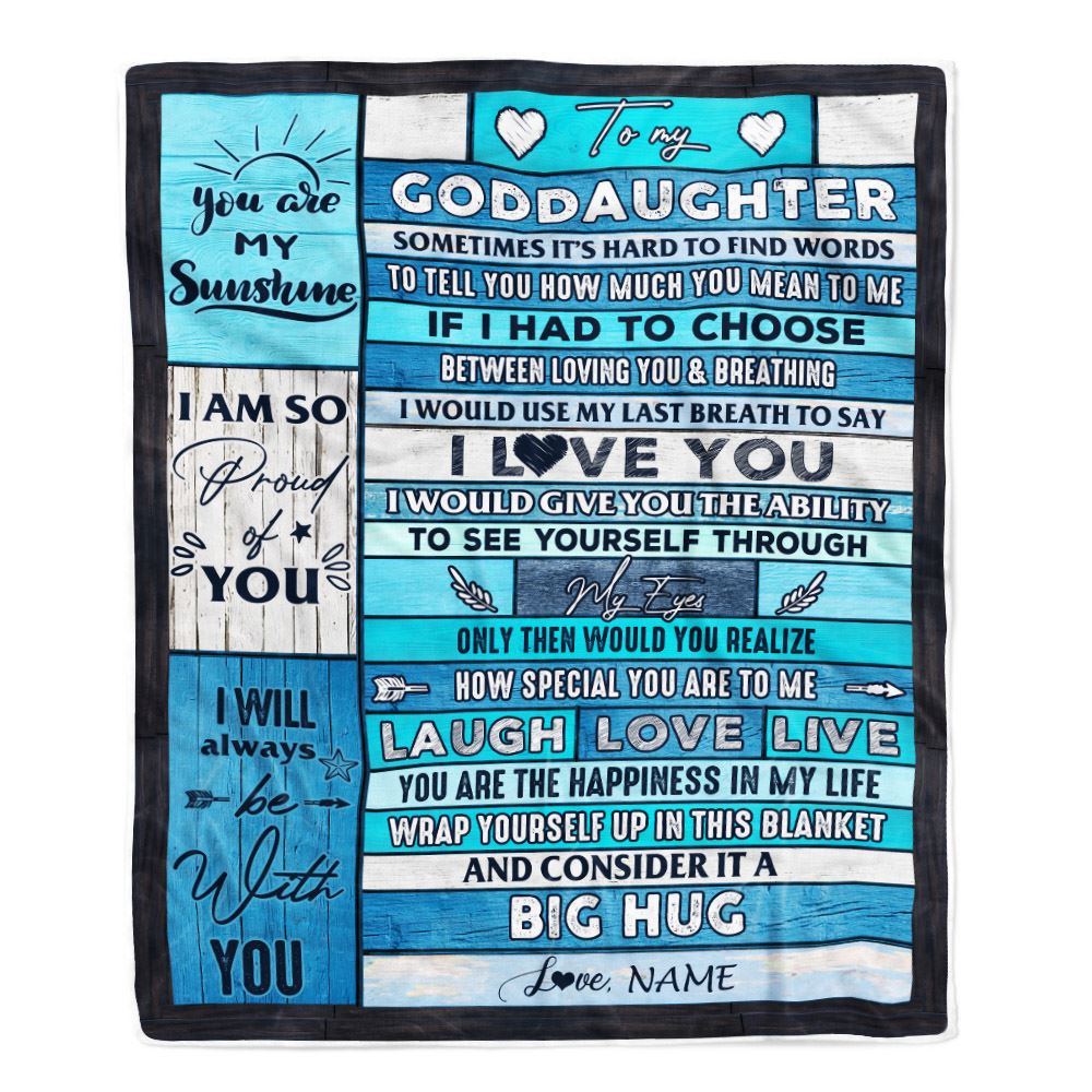 Personalized To My Goddaughter Blanket From Godmother Wood Laugh Love Live Big Hug Goddaughter Birthday Graduation Christmas Customized Fleece Blanket | teecentury