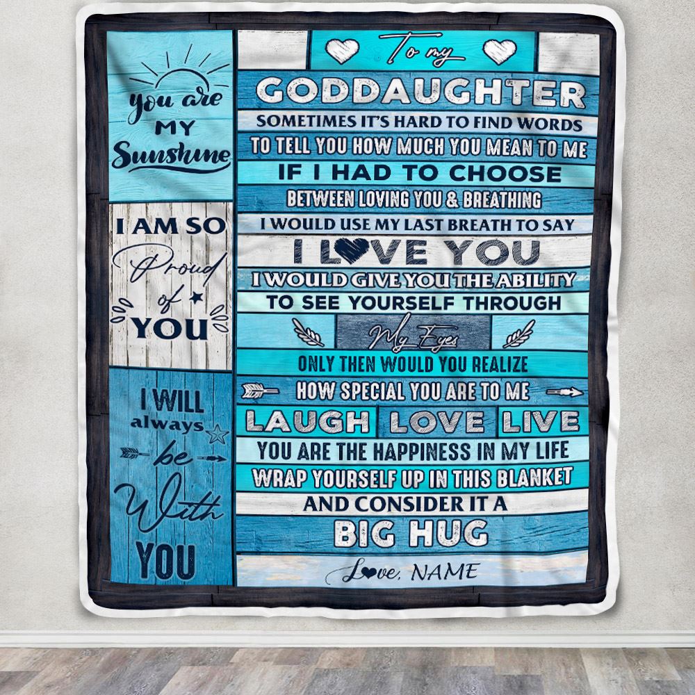 Personalized To My Goddaughter Blanket From Godmother Wood Laugh Love Live Big Hug Goddaughter Birthday Graduation Christmas Customized Fleece Blanket | teecentury