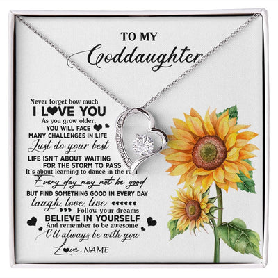 Forever Love Necklace | Personalized To My Goddaughter Necklace From Godmother Aunt Sunflower Wood Laugh Love Live Goddaughter Birthday Christmas Customized Gift Box Message Card | teecentury