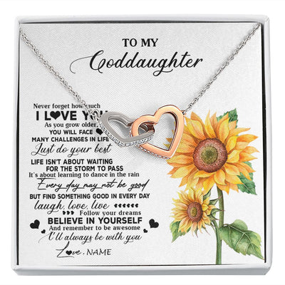 Interlocking Hearts Necklace | Personalized To My Goddaughter Necklace From Godmother Aunt Sunflower Wood Laugh Love Live Goddaughter Birthday Christmas Customized Gift Box Message Card | teecentury