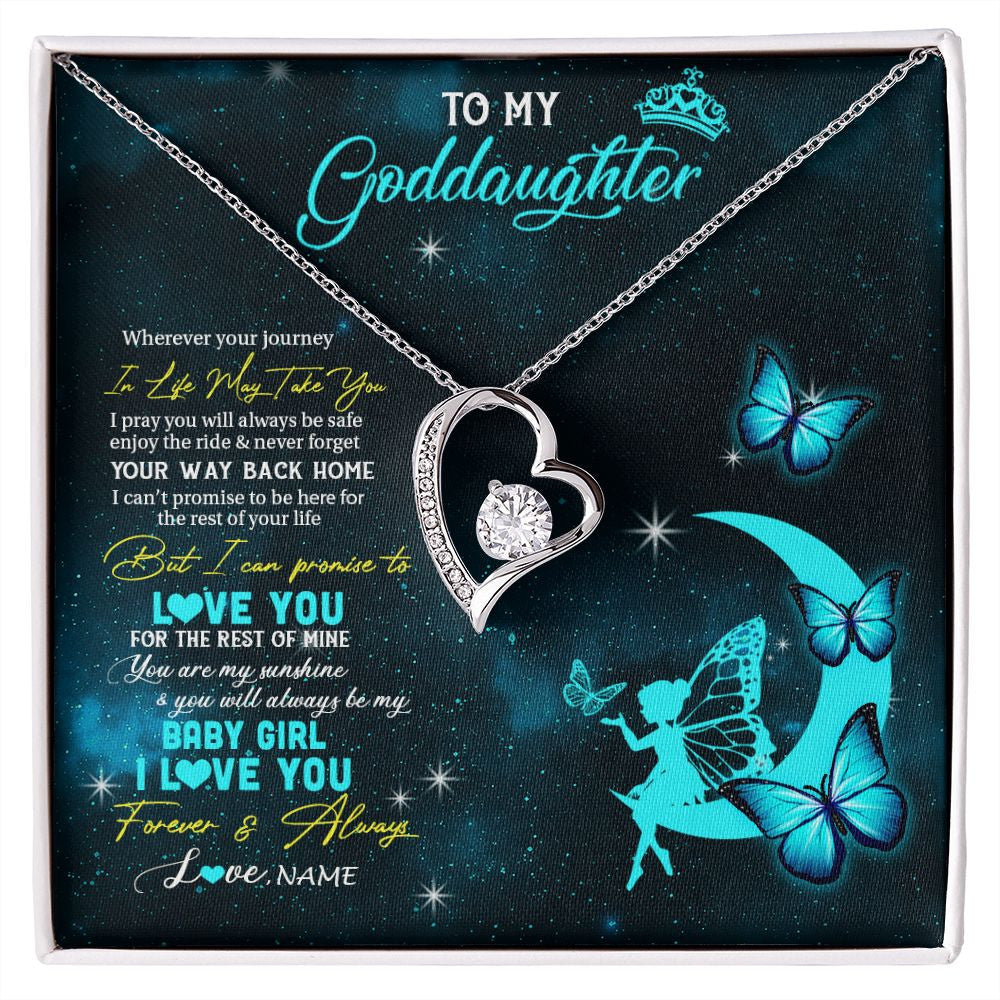 Forever Love Necklace | Personalized To My Goddaughter Necklace From Godmother Uncle Fairy Silhouette Fantasy Moon Goddaughter Birthday Christmas Customized Gift Box Message Card | teecentury
