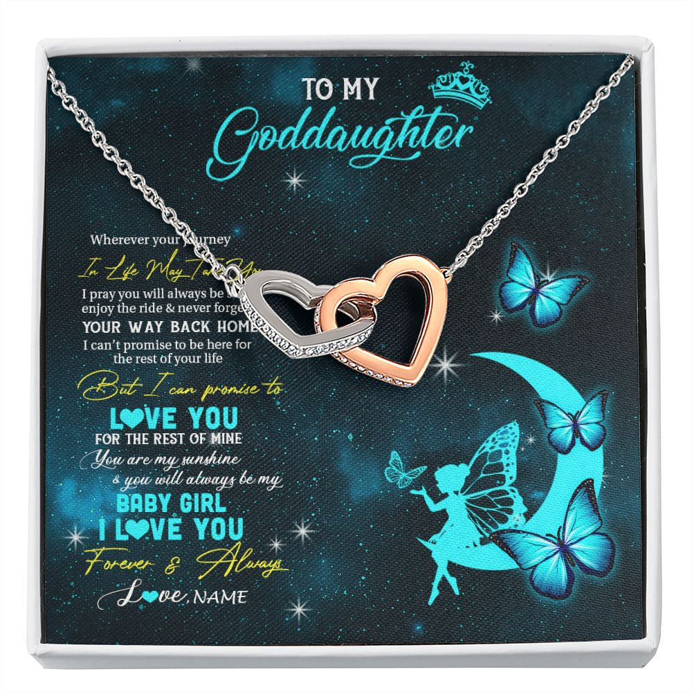 Interlocking Hearts Necklace | Personalized To My Goddaughter Necklace From Godmother Uncle Fairy Silhouette Fantasy Moon Goddaughter Birthday Christmas Customized Gift Box Message Card | teecentury