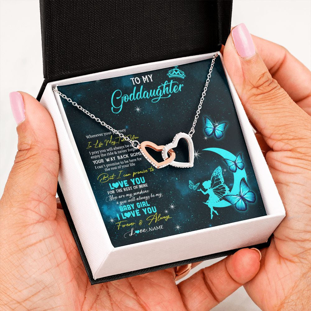 Interlocking Hearts Necklace | Personalized To My Goddaughter Necklace From Godmother Uncle Fairy Silhouette Fantasy Moon Goddaughter Birthday Christmas Customized Gift Box Message Card | teecentury