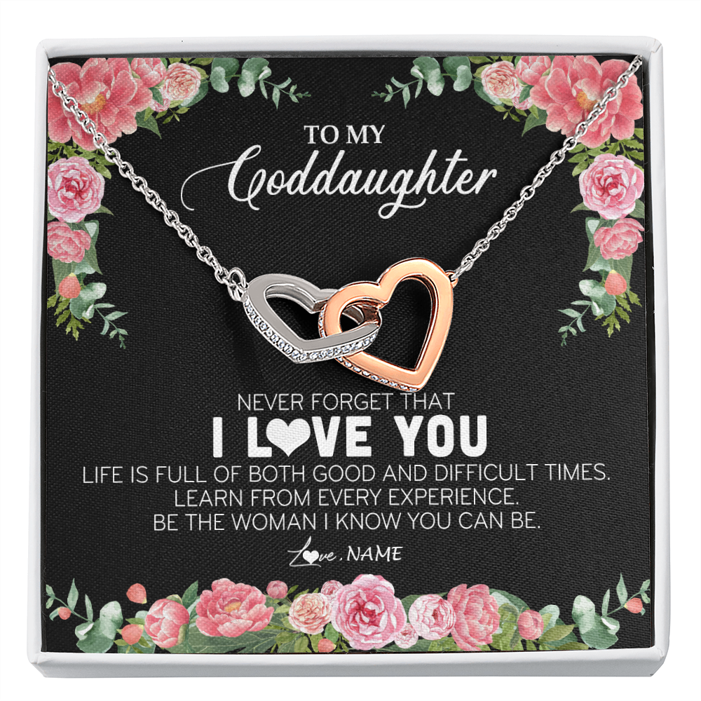 Interlocking Hearts Necklace | Personalized To My Goddaughter Necklace from Godmother Never Forget I Love You Floral Jewelry for Goddaughter Birthday Graduation Christmas Customized Message Card | teecentury
