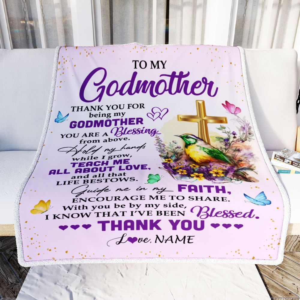 Personalized To My Godmother Blanket From Goddaughter Godson Cross Flower Thank You Blessing Aunt Birthday Mothers Day Christmas Customized Fleece Blanket | teecentury