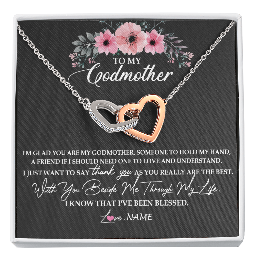 Interlocking Hearts Necklace | Personalized To My Godmother Necklace from Goddaughter Im Glad You Are My Godmother Birthday Mothers Day Thanksgiving Christmas Customized Gift Message Card | teecentury