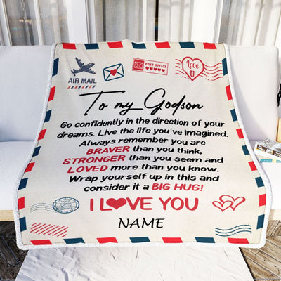 Personalized To My Godson Blanket From Godmother Air Mail Letter Confidently I Love You Godchild Birthday Graduation Christmas Customized Bed Fleece Blanket | teecentury