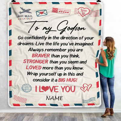Personalized To My Godson Blanket From Godmother Air Mail Letter Confidently I Love You Godchild Birthday Graduation Christmas Customized Bed Fleece Blanket | teecentury