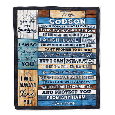 Personalized To My Godson Blanket From Godmother Wood You Are My Sunshine I Love You Godson Birthday Graduation Christmas Customized Bed Fleece Throw Blanket | teecentury