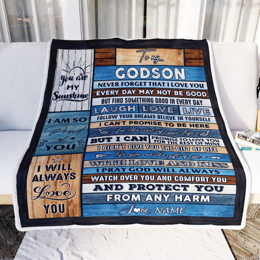 Personalized To My Godson Blanket From Godmother Wood You Are My Sunshine I Love You Godson Birthday Graduation Christmas Customized Bed Fleece Throw Blanket | teecentury