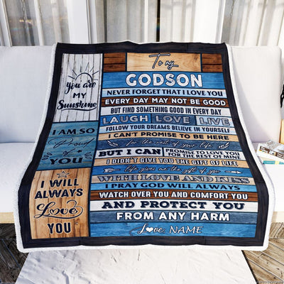 Personalized To My Godson Blanket From Godmother Wood You Are My Sunshine I Love You Godson Birthday Graduation Christmas Customized Bed Fleece Throw Blanket | teecentury