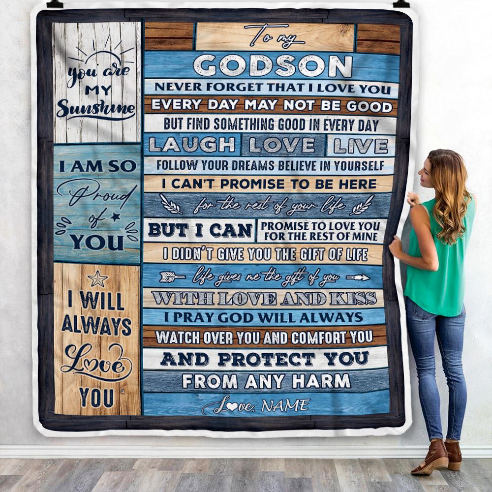 Personalized To My Godson Blanket From Godmother Wood You Are My Sunshine I Love You Godson Birthday Graduation Christmas Customized Bed Fleece Throw Blanket | teecentury