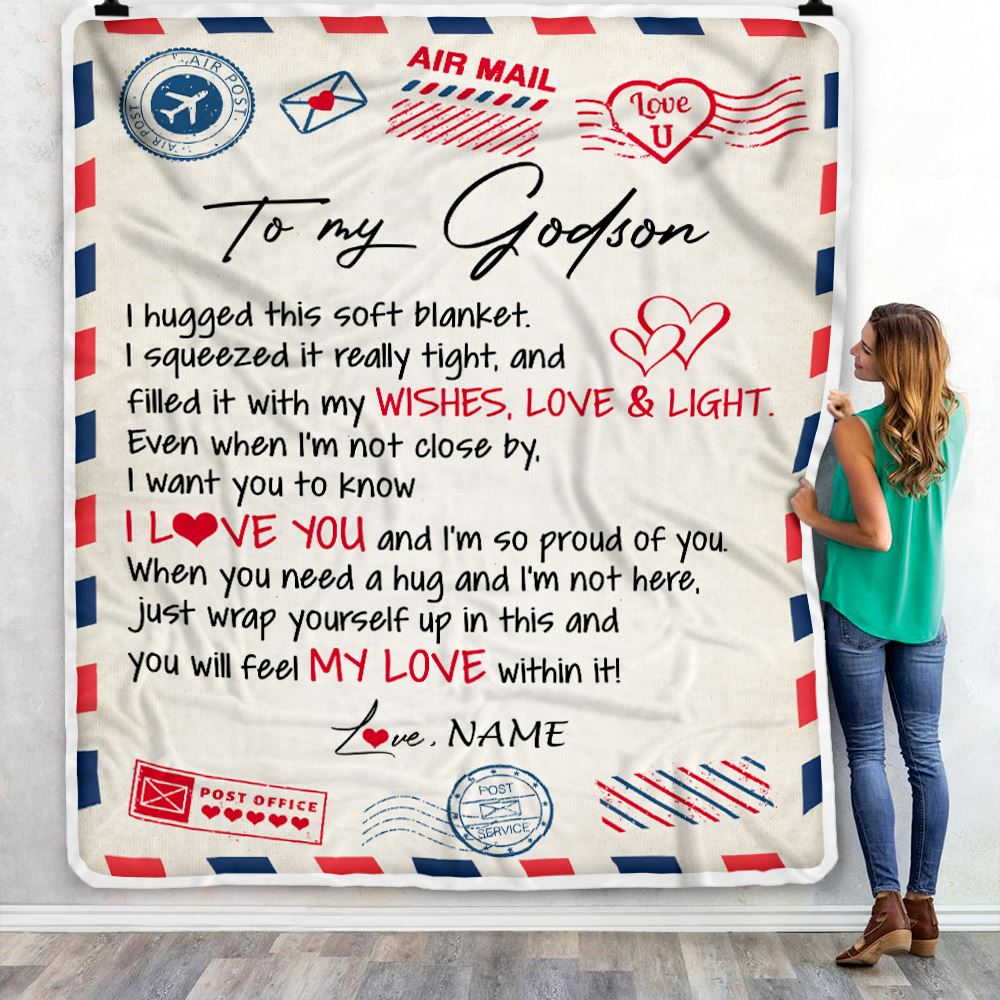 Personalized To My Godson Blanket from Godmother Air Mail Letter I Love You Godson Birthday Christmas Thanksgiving Customized Fleece Throw Blanket | teecentury