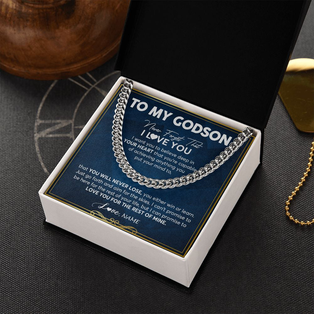 Cuban Link Chain Necklace | Personalized To My Godson Cuban Necklace From Godmother Uncle Aunt Never Forget That I Love You Godson Birthday Christmas Customized Gift Box Message Card | teecentury