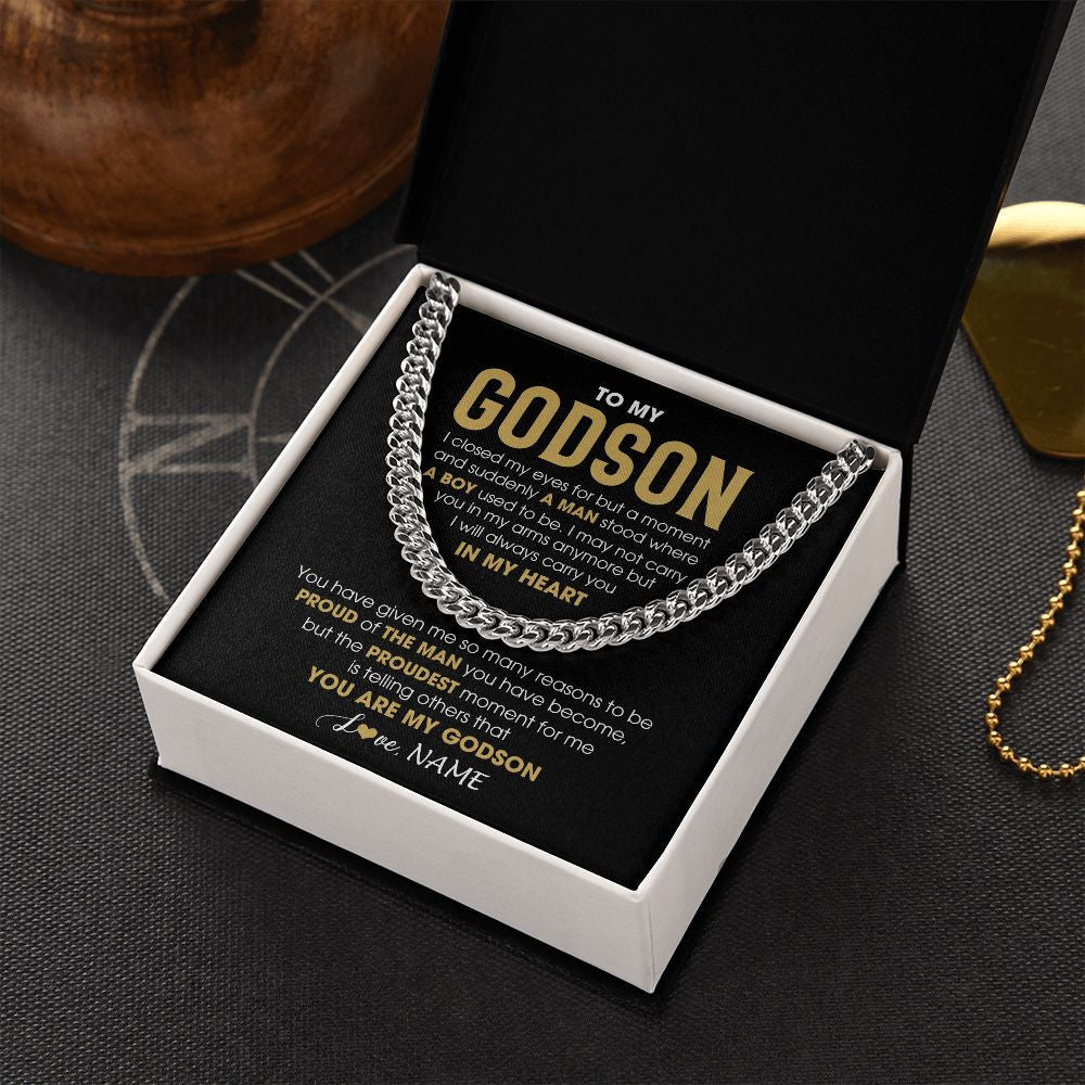 Cuban Link Chain Necklace | Personalized To My Godson Cuban Necklace From Godmother Uncle Aunt Proud Of The Man Godson Birthday Graduation Christmas Customized Gift Box Message Card | teecentury