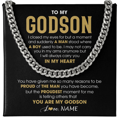 Cuban Link Chain Necklace | Personalized To My Godson Cuban Necklace From Godmother Uncle Aunt Proud Of The Man Godson Birthday Graduation Christmas Customized Gift Box Message Card | teecentury