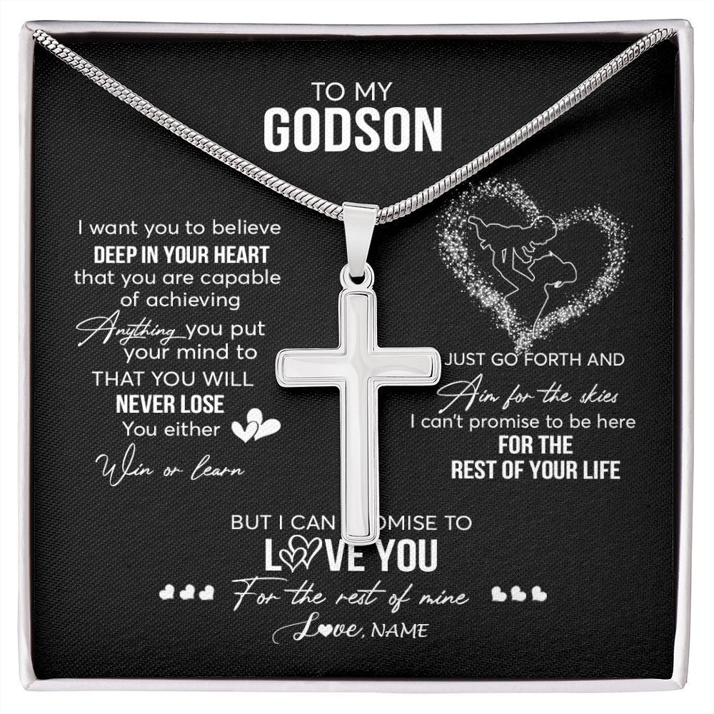 Stainless Cross Necklace | Personalized To My Godson Necklace From Godmother Aunt Promise To Love You Godson Birthday Graduation Christmas Pendant Customized Gift Box Message Card | teecentury