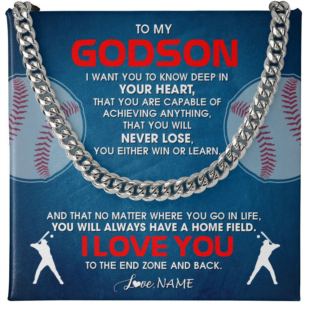 Cuban Link Chain Necklace | Personalized To My Godson Necklace From Godmother Uncle Aunt Never Lose Baseball Godchild Birthday Graduation Christmas Customized Gift Box Message Card | teecentury
