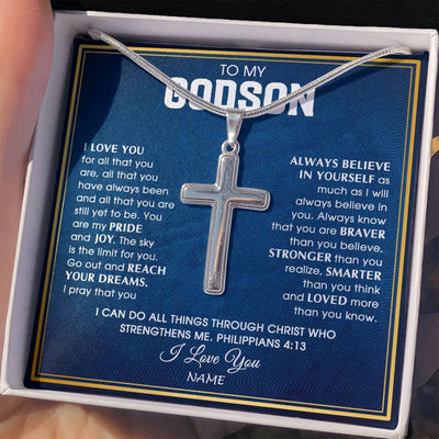 Stainless Cross Necklace | Personalized To My Godson Necklace from Godfather Uncle I Love You For All That You Are Godson Birthday Graduation Christmas Customized Gift Box Message Card | teecentury