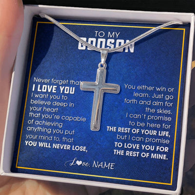 Stainless Cross Necklace | Personalized To My Godson Necklace from Godfather Uncle Never Forget That I Love You Godson Birthday Graduation Christmas Customized Gift Box Message Card | teecentury