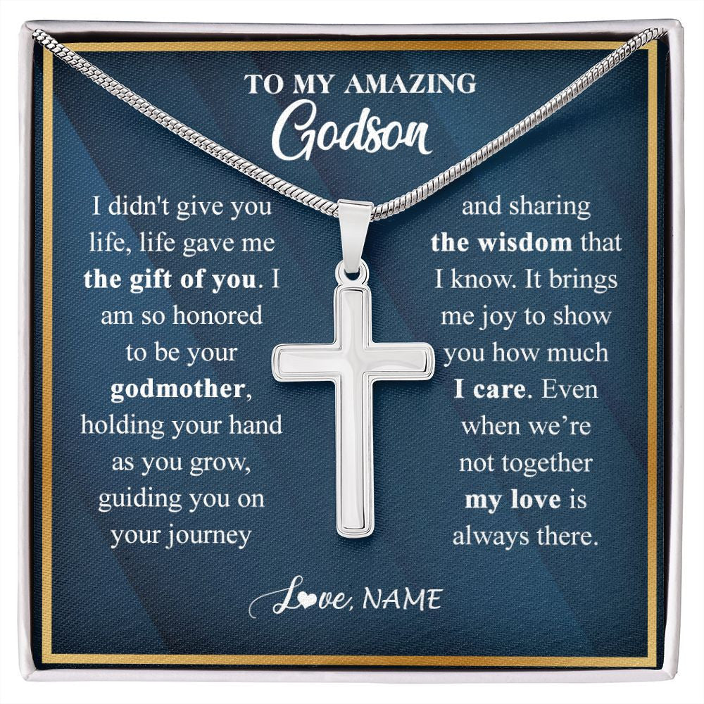 Stainless Cross Necklace | Personalized To My Godson Necklace from Godmother Aunt Life Gave Me The Gift Of You Godson Birthday Graduation Christmas Customized Gift Box Message Card | teecentury