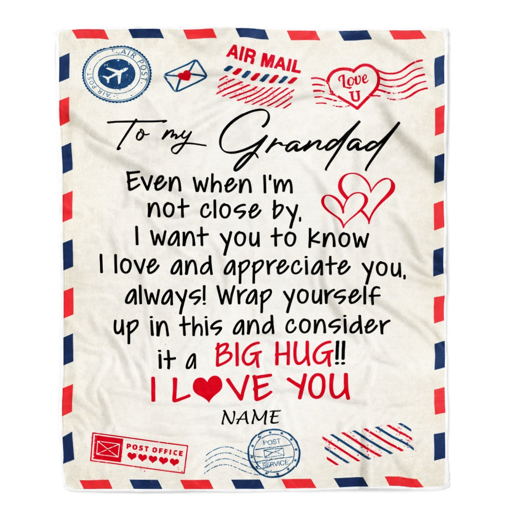 Personalized To My Grandad Blanket From Grandkids I Love You Hugs Air Mail Letter Grandad Birthday Fathers Day Christmas Customized Fleece Blanket Blanket | Teecentury.com