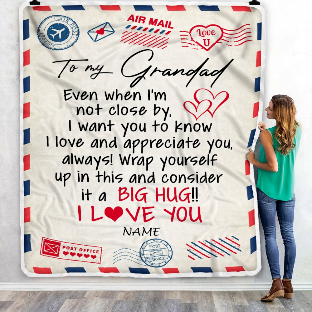 Personalized To My Grandad Blanket From Grandkids I Love You Hugs Air Mail Letter Grandad Birthday Fathers Day Christmas Customized Fleece Blanket Blanket | Teecentury.com