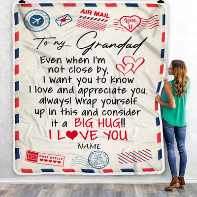Personalized To My Grandad Blanket From Grandkids I Love You Hugs Air Mail Letter Grandad Birthday Fathers Day Christmas Customized Fleece Blanket Blanket | Teecentury.com