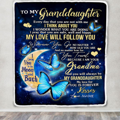 Personalized To My Granddaughter Blanket From Grandma Butterfly My Love Will Follow You Granddaughter Birthday Graduation Christmas Customized Fleece Blanket | teecentury