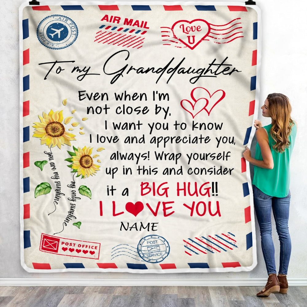 Personalized To My Granddaughter Blanket From Grandma Nana Grandpa Love Big Hug Air Mail Letter Sunflower Birthday Christmas Graduation Customized Fleece Throw Blanket Blanket | Teecentury.com