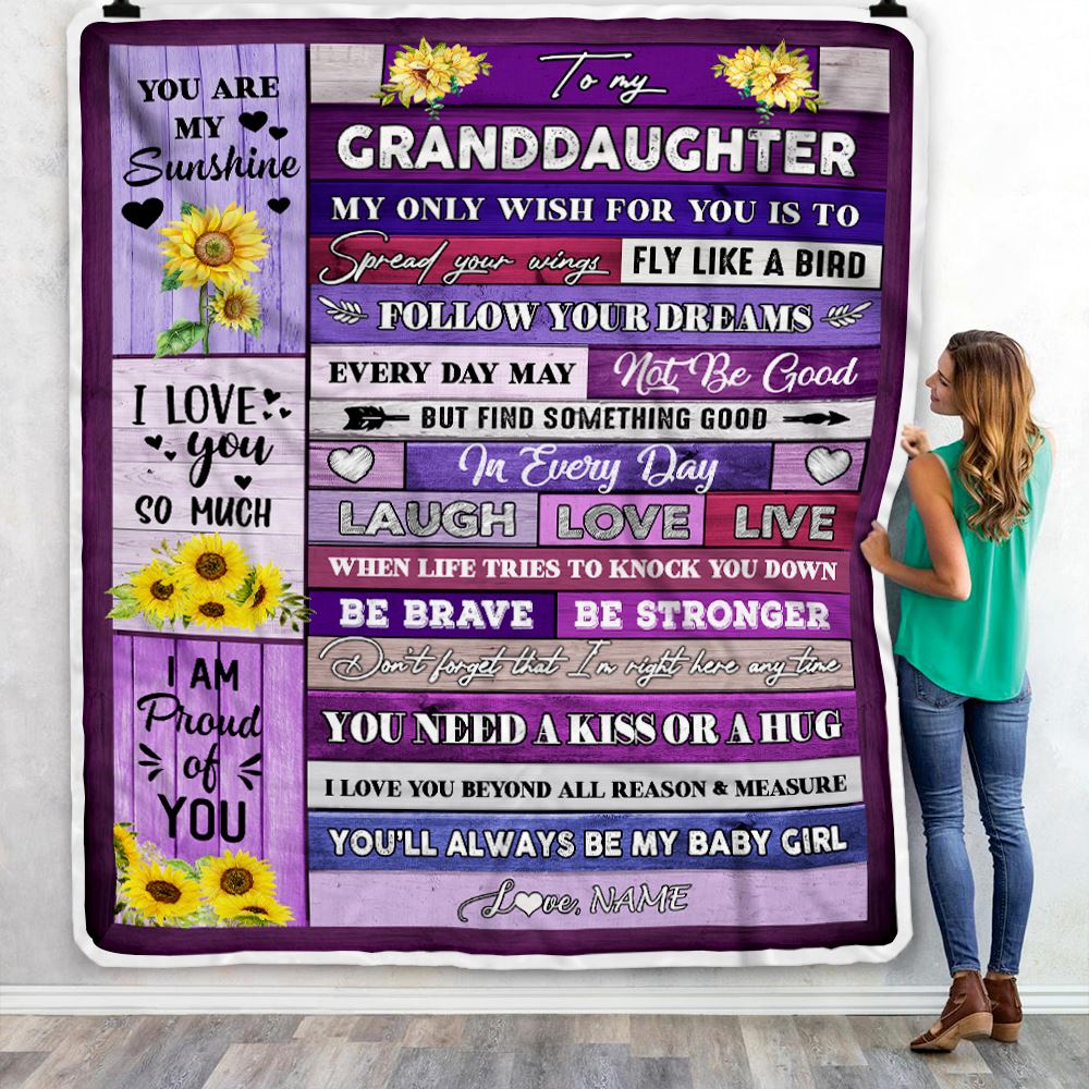 Personalized To My Granddaughter Blanket From Grandma Wood Laugh Love Live Sunflower Granddaughter Birthday Graduation Christmas Customized Fleece Blanket | teecentury