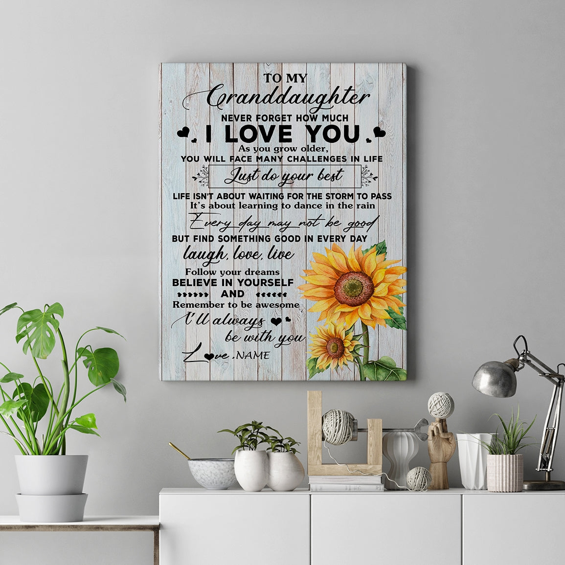 Personalized To My Granddaughter Canvas From Grandma Grandpa Sunflower Wood Laugh Love Live Granddaughter Birthday Custom Wall Art Print Home Decor Framed Canvas | teecentury