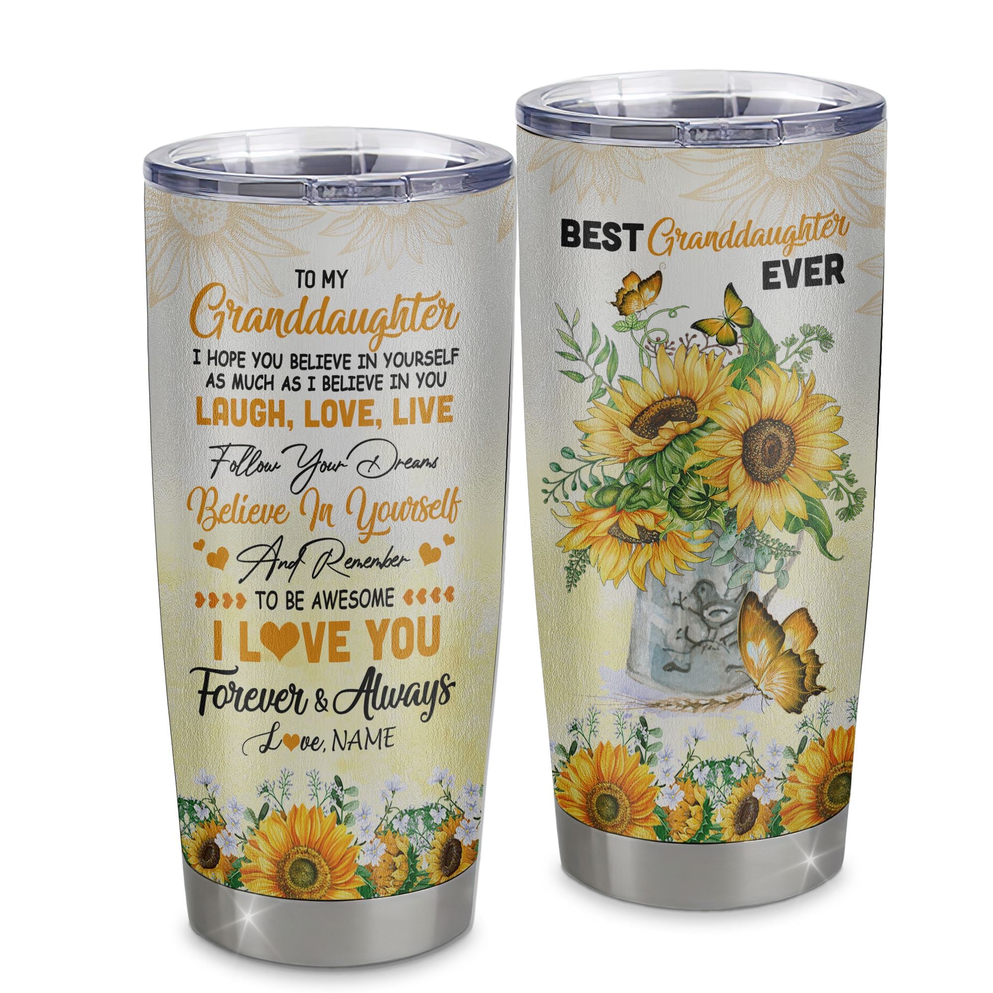 Personalized To My Granddaughter From Grandma Stainless Steel Tumbler Cup Laugh Love Live Butterfly Sunflower Granddaughter Birthday Graduation Christmas Travel Mug | teecentury